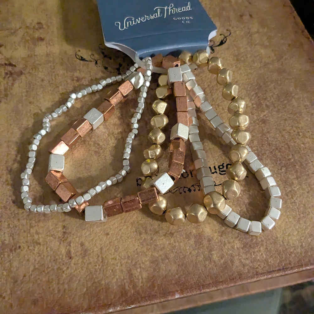 Four New Universal Thread Gold, Silver, And Copper Mixed  Beaded Bracelet Set